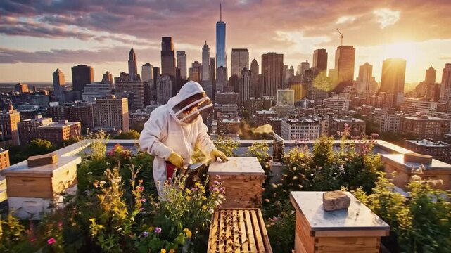 Beekeeper In City Setting Safely Manages Hives Amidst Skyline And Wildflowers. Urban Apiarist Carefully Inspects Active Hives On Rooftop With Scenic Skyline And Blooming Wildflowers