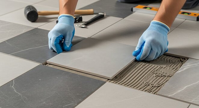 Skilled handyman setting ceramic floor tiles with adhesive expertly installing