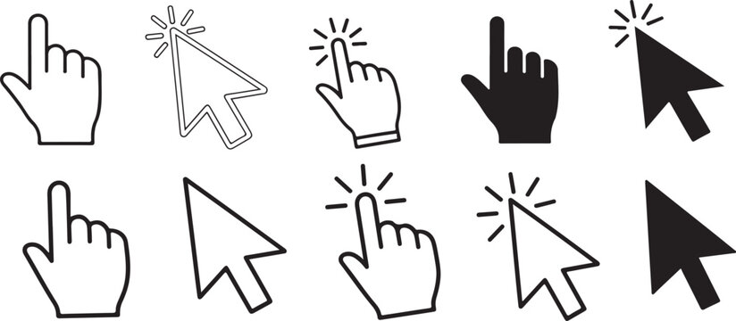Computer mouse cursor icon collection featuring gray arrow pointers, click symbols and loading indicators. Modern vector illustration set eps