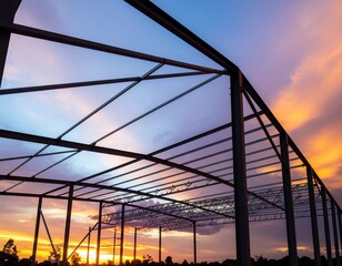 Fototapeta premium Silhouette of a steel-framed industrial warehouse under construction against a colorful twilight sky, captured from a low angle with ample copy space.