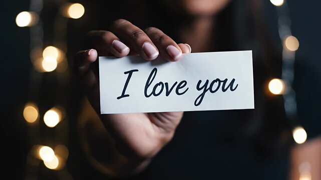 Hand holds 'I love you' message against bokeh lights background