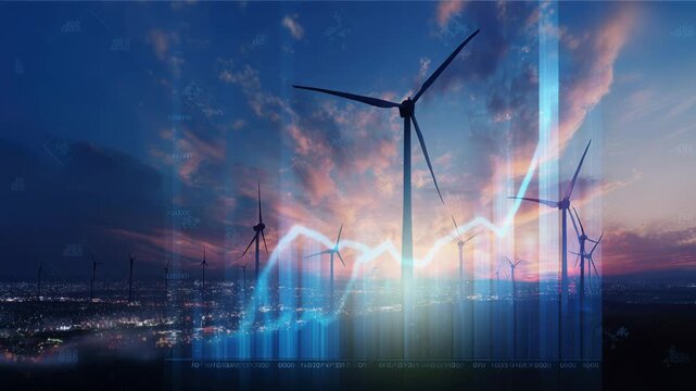 wind turbine with financial market chart and digital information.