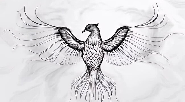 elegant monochromatic drawing of a phoenix rising with detailed feather texture