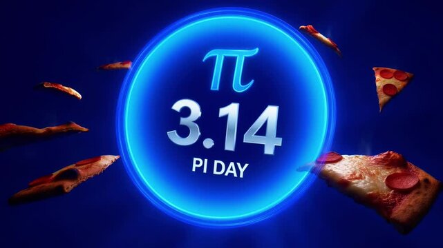 Celebrating pi day with a vibrant blue circle and slices of pizza