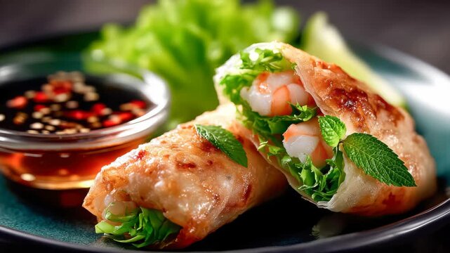 Fresh spring rolls on a plate with dipping sauce and greens in a restaurant setting during lunchtime