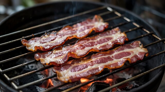 Three Delicious Sizzling Bacon Strips on a Hot Barbecue Grill