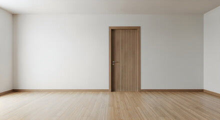 Fototapeta premium Minimalist interior with single wooden door against a white wall
