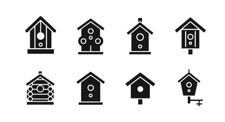 Fototapeta premium Collection of birdhouse icons featuring various designs for birds in black and white