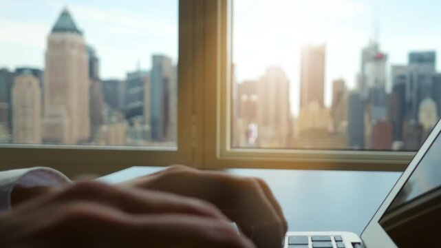 working on laptop computer inside modern high rise office with city skyline window view