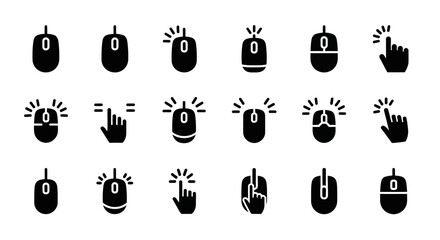 Collection of computer mouse icons illustrating various interactions and actions in a simple black and white graphic representation