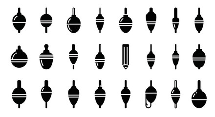 A collection of twenty-five black and white illustrated spinning tops in various designs and shapes, showcasing diverse patterns and styles