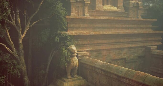 Ancient stone temple ruins showcase intricate architecture, partially hidden by foliage and trees, evoking a sense of mystery and history in the lush landscape.