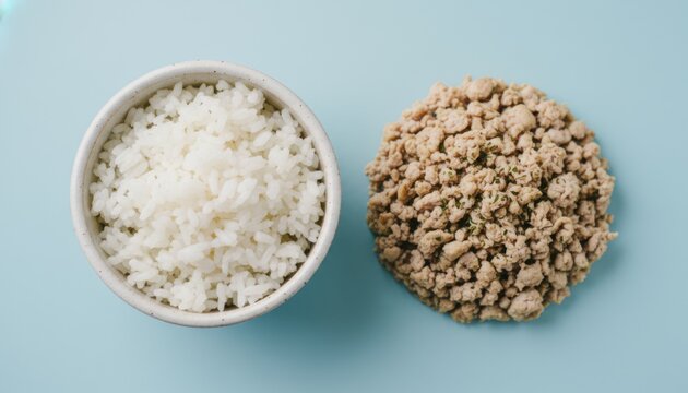 Fluffy White Steamed Rice Served Alongside Ground Meat Crumbles in a Culinary Composition