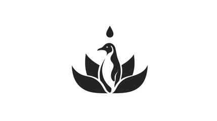 Obraz premium A stylized penguin logo, centered and silhouetted in black, with a water droplet above a flower-like design