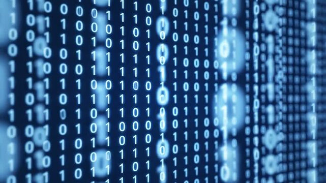 Abstract digital stream of glowing blue binary code flowing vertically on a dark background representing data transfer and technology concepts.
