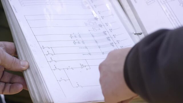 Close-up of hands reviewing complex technical diagrams in a binder