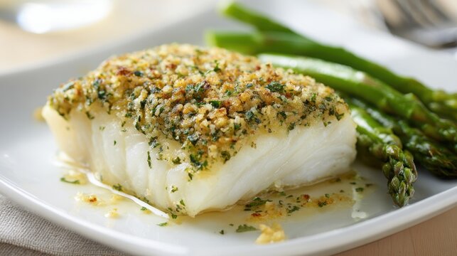Delicately baked cod fillet with a savory lemon-herb crust, served on a white plate with vibrant green vegetables