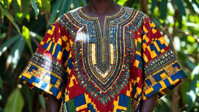 Man wearing patterned dashiki standing outdoors in foliage.