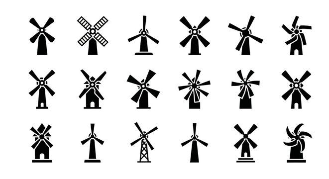 Collection of windmill icons in various styles and orientations on a plain background