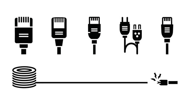 Various electronic device connectors and a coiled cable with a plug on a white background