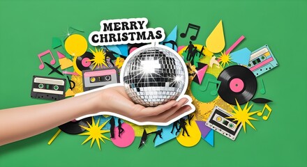 Fototapeta premium Hand holding disco ball with retro Christmas elements. Multicolored party decorations on green background. Merry Christmas concept. Holiday celebration and music concept
