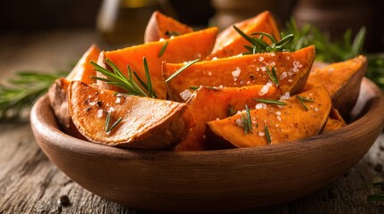 Warm Baked Sweet Potato Wedges With Fresh Rosemary and Sea Salt in a Rustic Bowl
