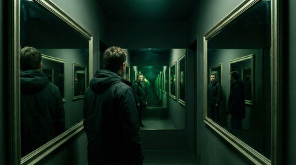 Fototapeta premium man looks at his multiple reflections in a dark green mirror corridor. This picture shows the heavy mental struggle of a split personality.