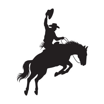 Bucking bronco horse and cowboy at rodeo silhouette black vector art