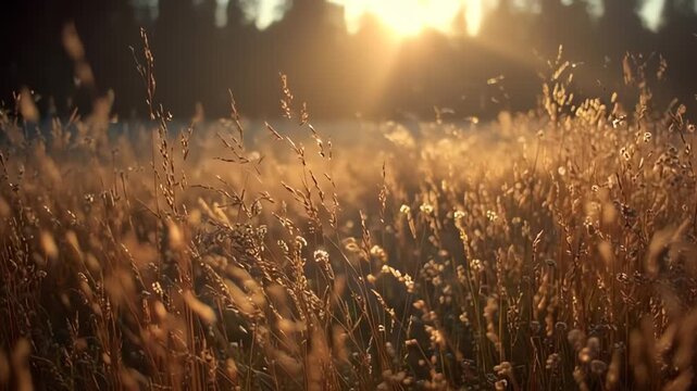 A calm and serene nature scene featuring tall grass in a field with soft morning mist. The rising sun provides beautiful, warm color grading and a tranquil mood. Ultra-realistic 4K footage.