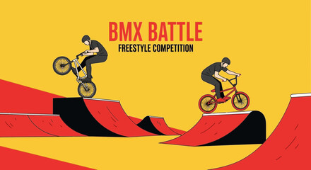 Naklejka premium Dynamic BMX Battle Competition Depicts Freestyle Stunts with Vibrant Colors on a Yellow Backdrop