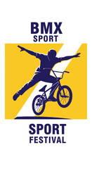 Naklejka premium Dynamic BMX Athlete Executes Aerial Stunt During Intense Sport Festival Competition