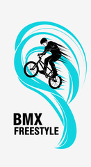 Naklejka premium Dynamic BMX Freestyle Action: A Silhouette of Cycling Mastery Against Vibrant Swirls Design