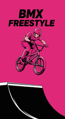 Naklejka premium Dynamic BMX Freestyle Action Depicted In Vibrant Illustration On Pink Backdrop