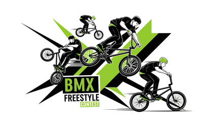 Naklejka premium Dynamic BMX Freestyle Contest Illustration Featuring Cyclists in Action and Bold Graphic Design