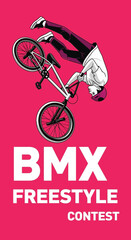 Naklejka premium Dynamic BMX Freestyle Performer Executing Aerobatic Stunt in Competition on Vivid Background