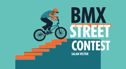 Fototapeta premium Dynamic BMX Rider Performing Stunt During Street Contest On Colorful Background