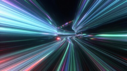 Obraz premium Cool toned light beams racing along reflective tunnel road.
