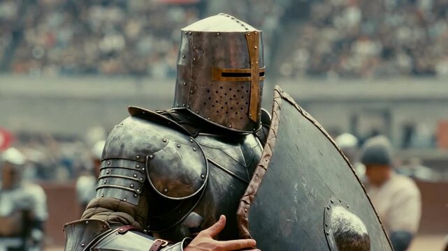 Armored knight posing with shield in a cinematic style on a blurred arena background, symbolizing courage and medieval warfare
