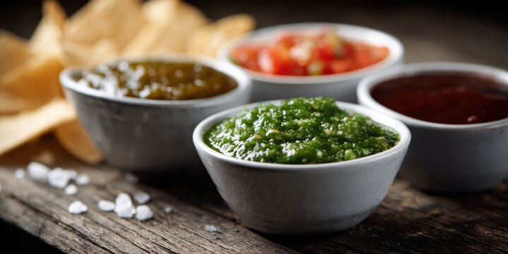 mexican food photography, four bowls filled with mexican salsas verde, roja, pico de gallo, and chipotle are arranged on a table with scattered tortilla chips the scene is captured with deep