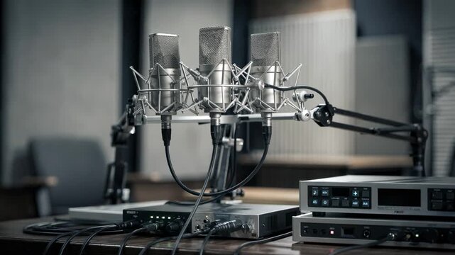 Interior studio scene with focused array microphones collecting layered spatial audio highlighting advanced sound capture gear against a diffuse softfocus background.