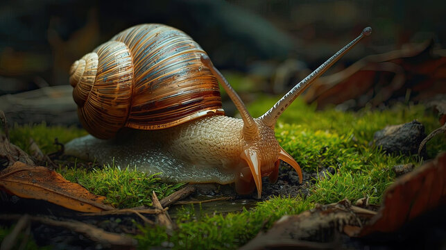 Macro view of snail crawling on moss with soft natural lighting
