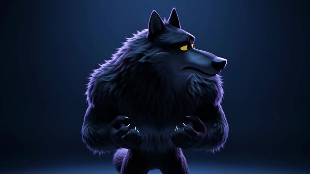 Animated big bad wolf character posing with claws in dark blue lighting for childrens story concept art and design