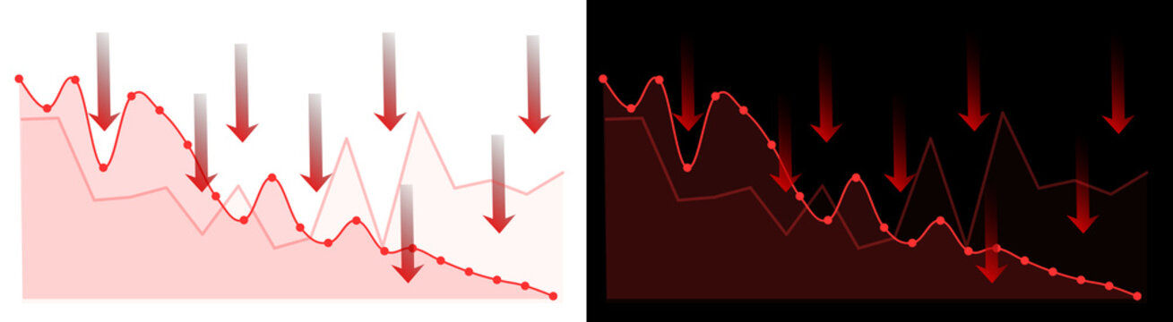 PNG image of&nbsp;A vibrant red line graph with prominent data, illustrating a consistent downward trend, emphasized by multiple red arrows signifying sequential drops on transparent background.
