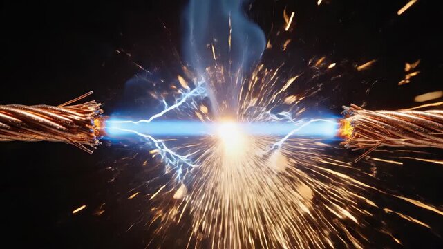 Electric arc jumping between two bare copper wires with sparks and smoke. Electrical conductivity and circuit short concept.