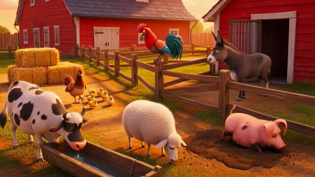 Animated farm animals on a red barnyard cow sheep pig rooster donkey and little yellow chicks in cartoon style