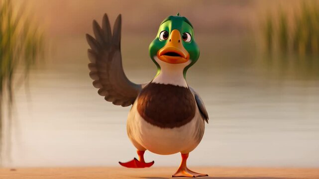 Animated mallard duck character walks with expressive emotion in cartoon style footage on a blurred natural lake background