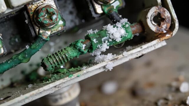 Corroded and frozen electrical wiring with green rust and water drip showing damage and hazardous condition.