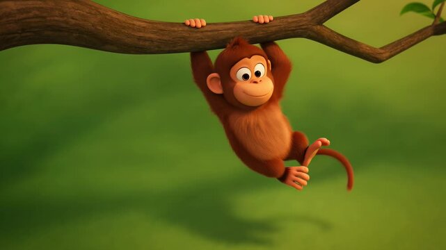 Animated monkey hanging from branch in jungle setting animation character design cartoon style tropical forest wildlife cute animal
