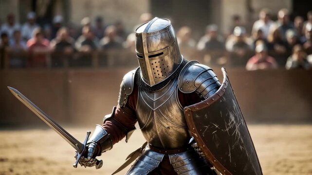 Armored knight in realistic style holding sword and shield on dusty arena background, concept of medieval combat heroism