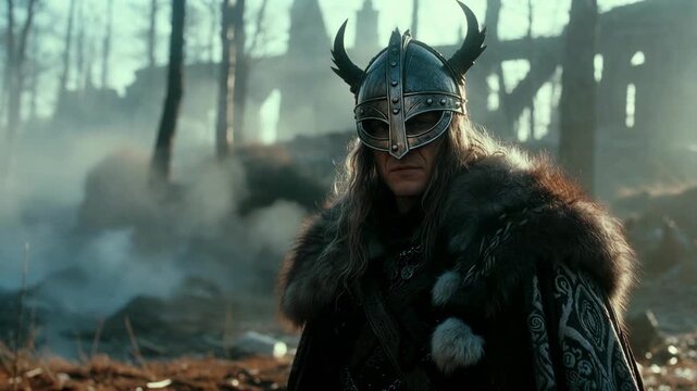 A warrior in horned helmet stands in smoky forest ruins in cinematic style on misty background, concept of medieval conflict